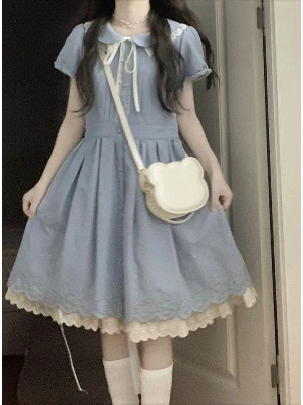夏季学院风甜美小个子蕾丝花边娃娃领连衣裙女收腰超仙A字短裙子