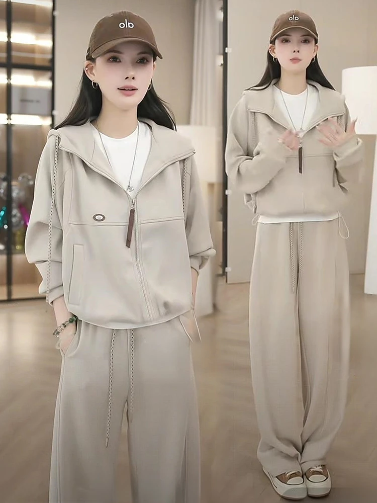 时尚休闲套装女2025秋季新款时髦洋气连帽开衫阔腿裤运动两件套潮