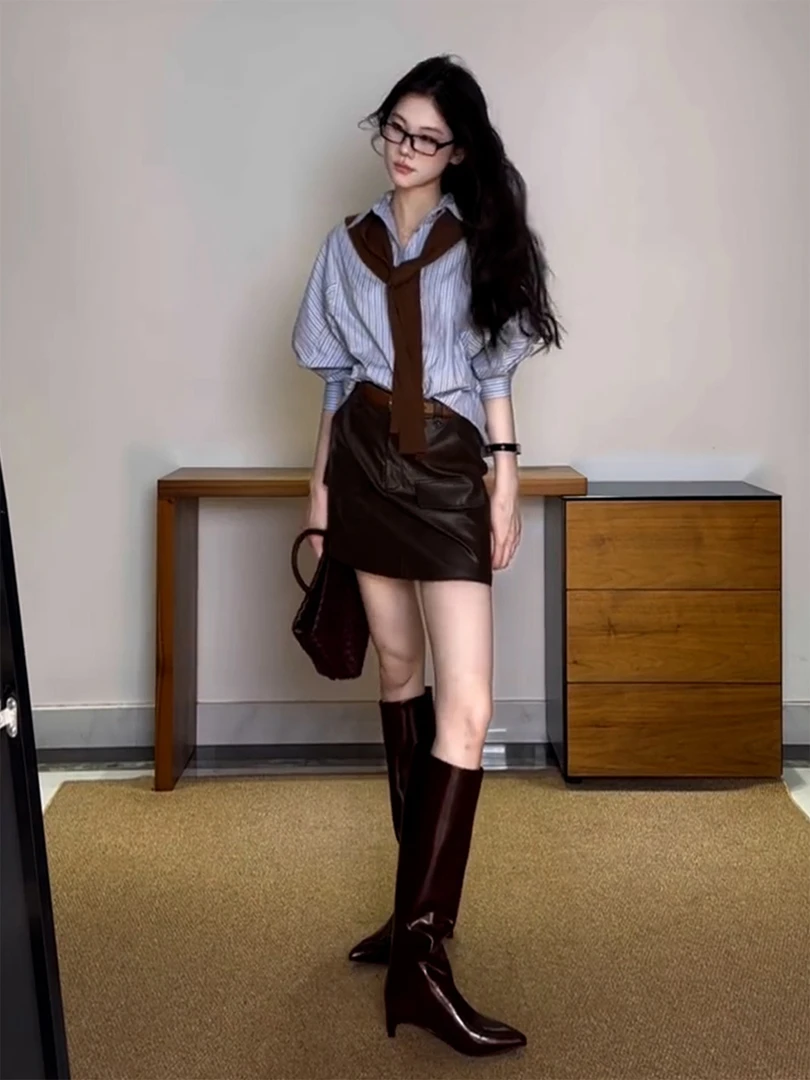 巨好看的早秋一整套重要场合漂亮大方得体气质减龄蓝色衬衫套装裙