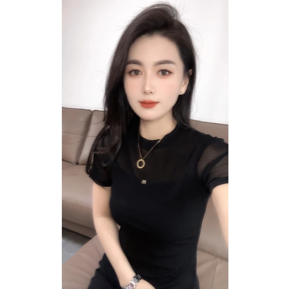 圆领短袖网纱t恤2025年夏季新款百搭时尚修身显瘦洋气打底衫女装