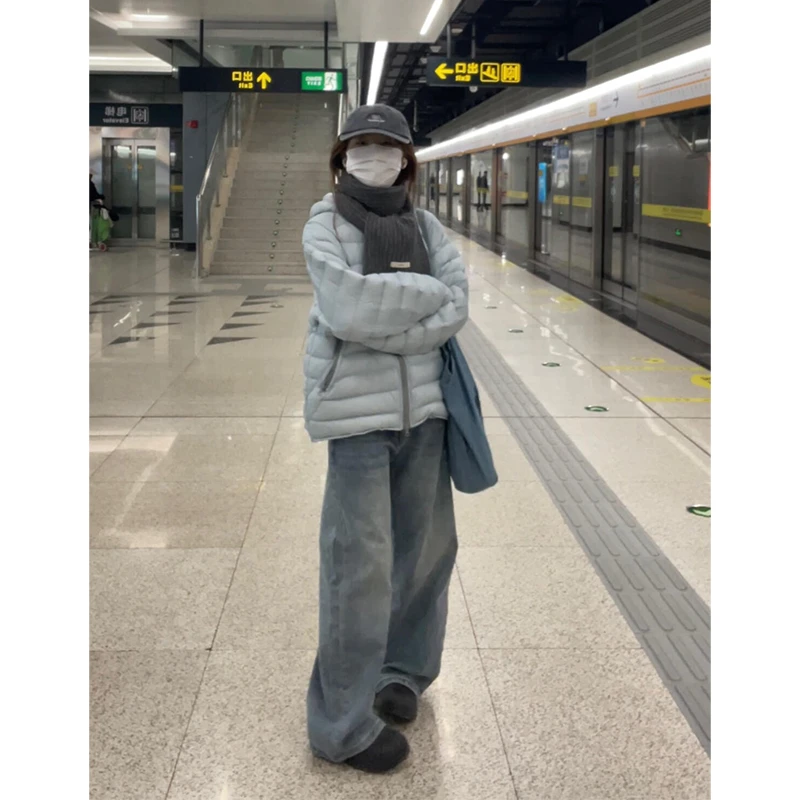 MARIE.COCO秋冬简约排骨连帽棉服外套女高腰显瘦休闲牛仔裤套装