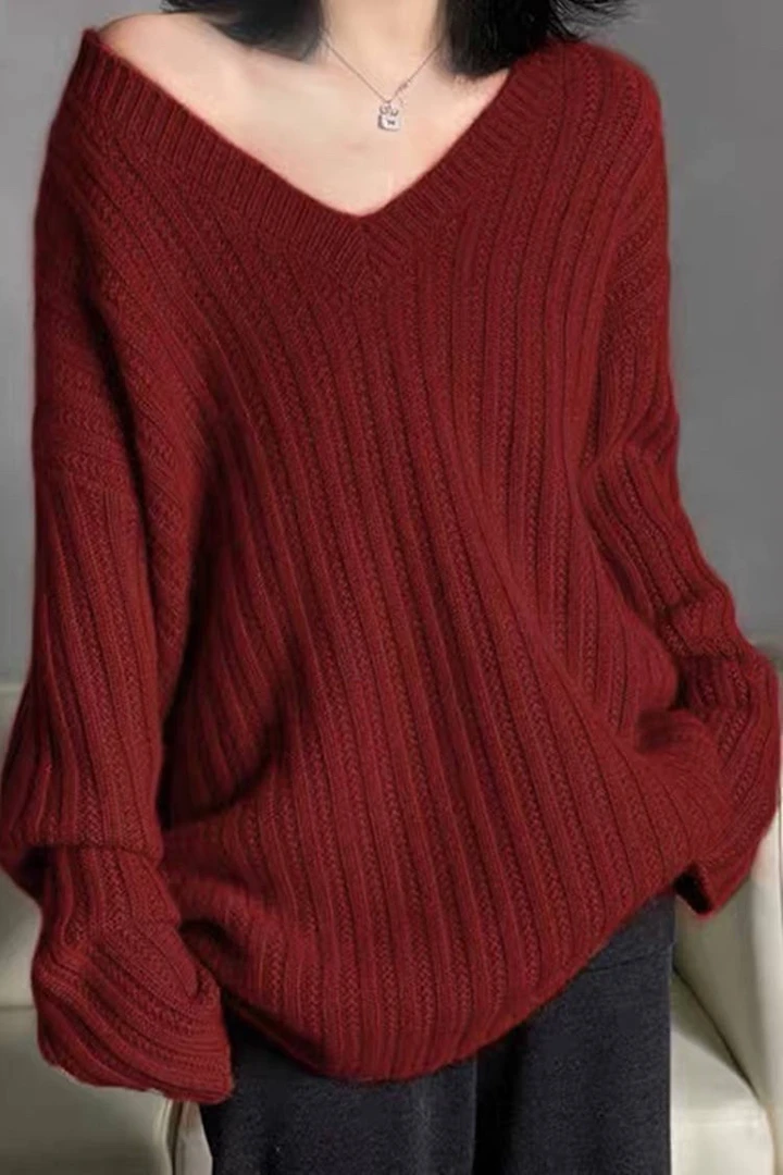 YL-905已开价 100%羊毛衫绞花大V领宽松慵懒风红色毛衣落肩