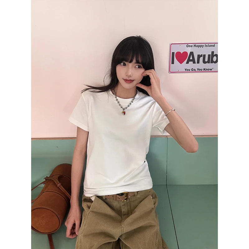 URKR美式基础款纯色正肩T恤女夏季休闲百搭修身显瘦短袖圆领上衣