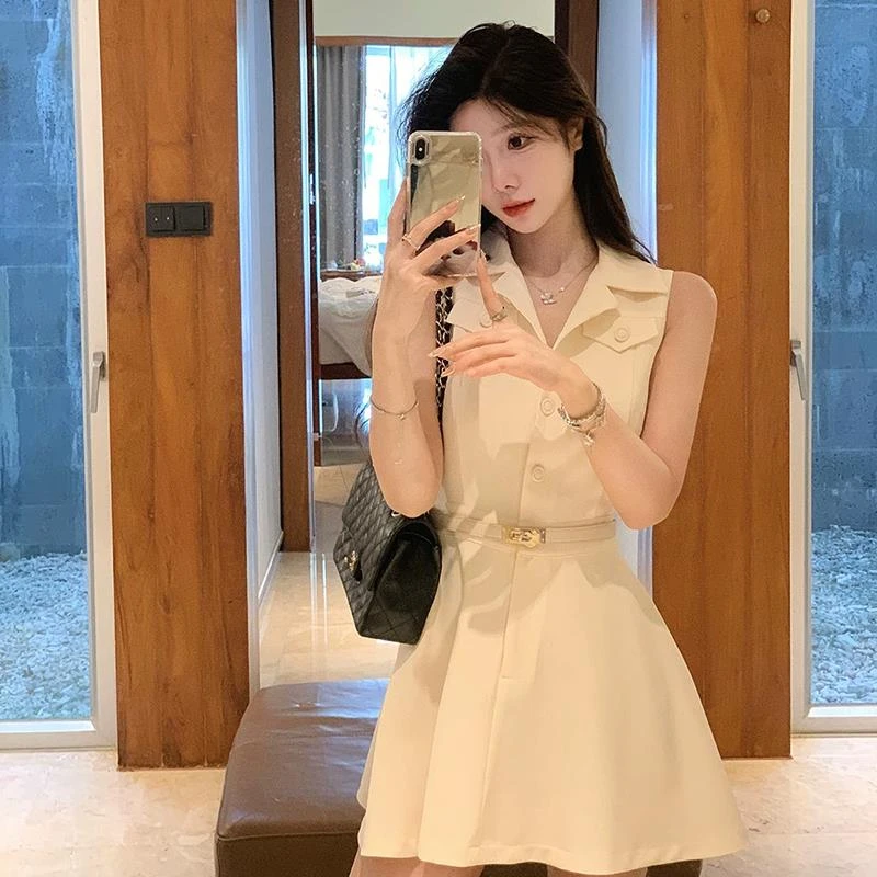 法式高级感白色无袖翻领衬衫连衣裙女气质短裙子2025夏季新款
