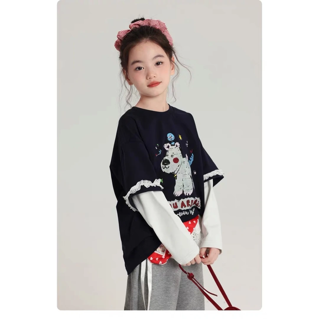 2025春秋新款儿童秋装卡通印花拼接布丁假两件T恤