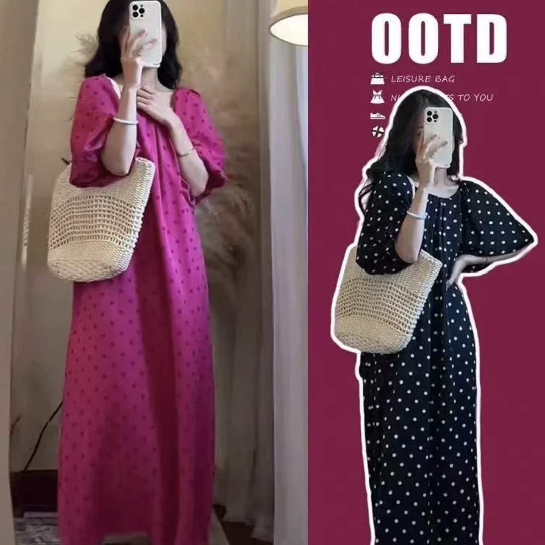 法式波点森系温柔风波点泡泡袖连衣裙显瘦一字肩抹胸长裙
