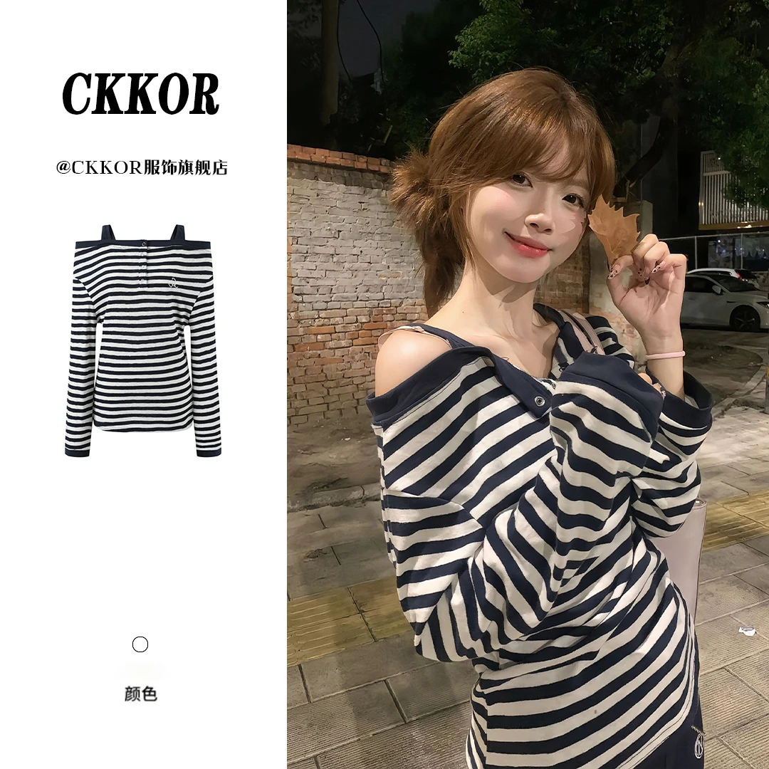 CKKOR韩系条纹甜辣风一字肩长袖t恤女秋季新款显瘦休闲慵懒风上衣