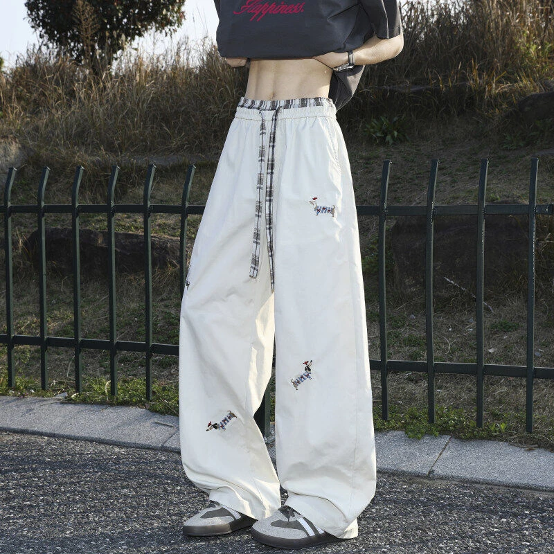 腊肠狗刺绣拼接阔腿裤子男款直筒美式复古长裤微喇卫裤宽松运动裤