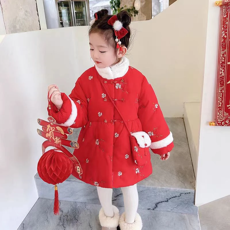 6204拜年服冬季加厚中长款外套小女孩复古盘扣唐装棉衣红色新年装