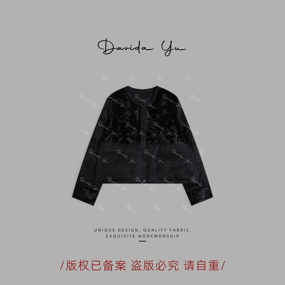 Davida Yu【珍妮】冬季新款白鹅绒黑色圆领象羔保暖百搭外套25057