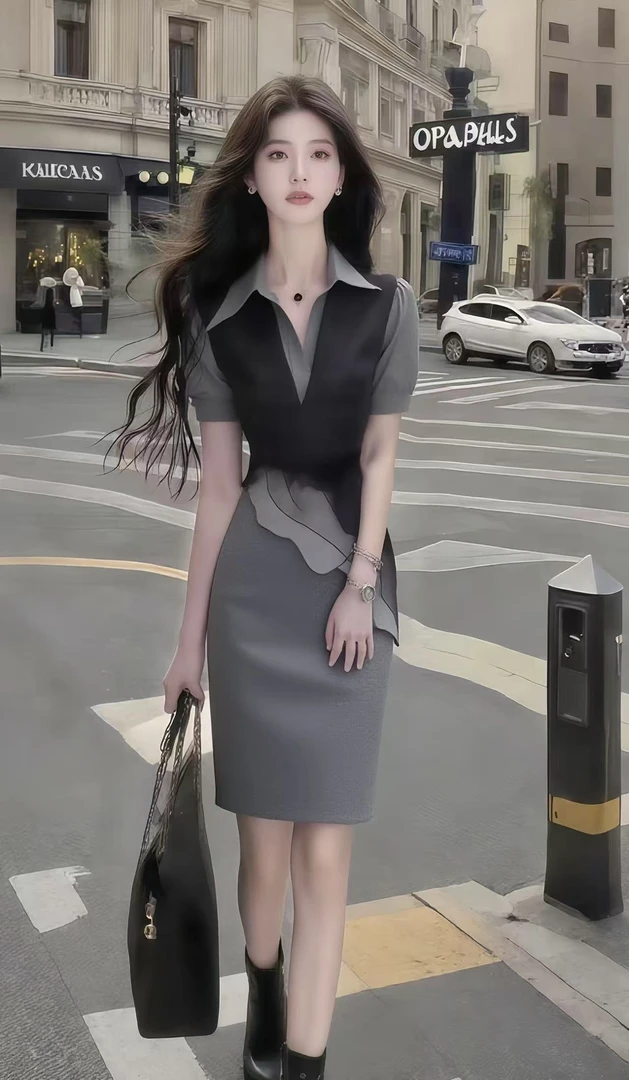 设计感灰色衬衫领短袖修身收腰包臀不规则连衣裙女显瘦气质女装