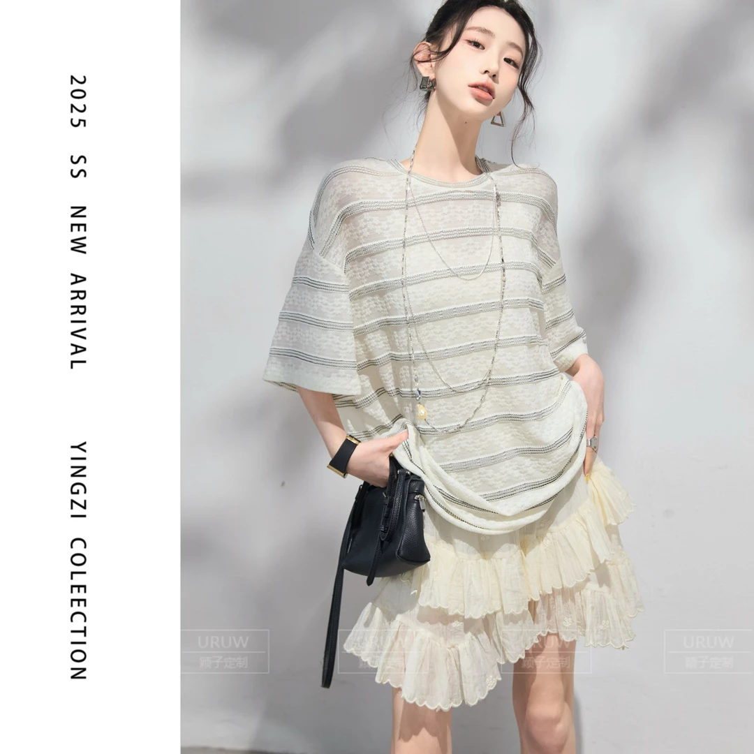 颖子定制【曼斯旧街】夏季短袖圆领条纹宽松显瘦慵懒风T恤上衣9620