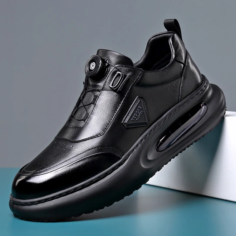 男鞋秋季2025新款真皮休闲运动鞋旋转扣气垫皮鞋男潮流百搭跑步鞋