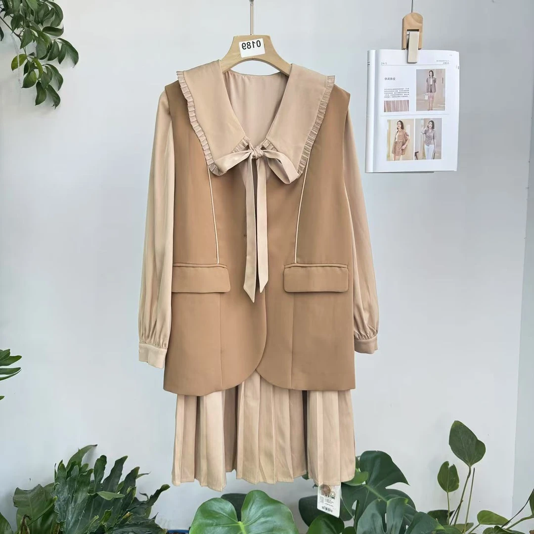 茜舞两件套装女2025时尚马甲+百褶连衣裙【324182】