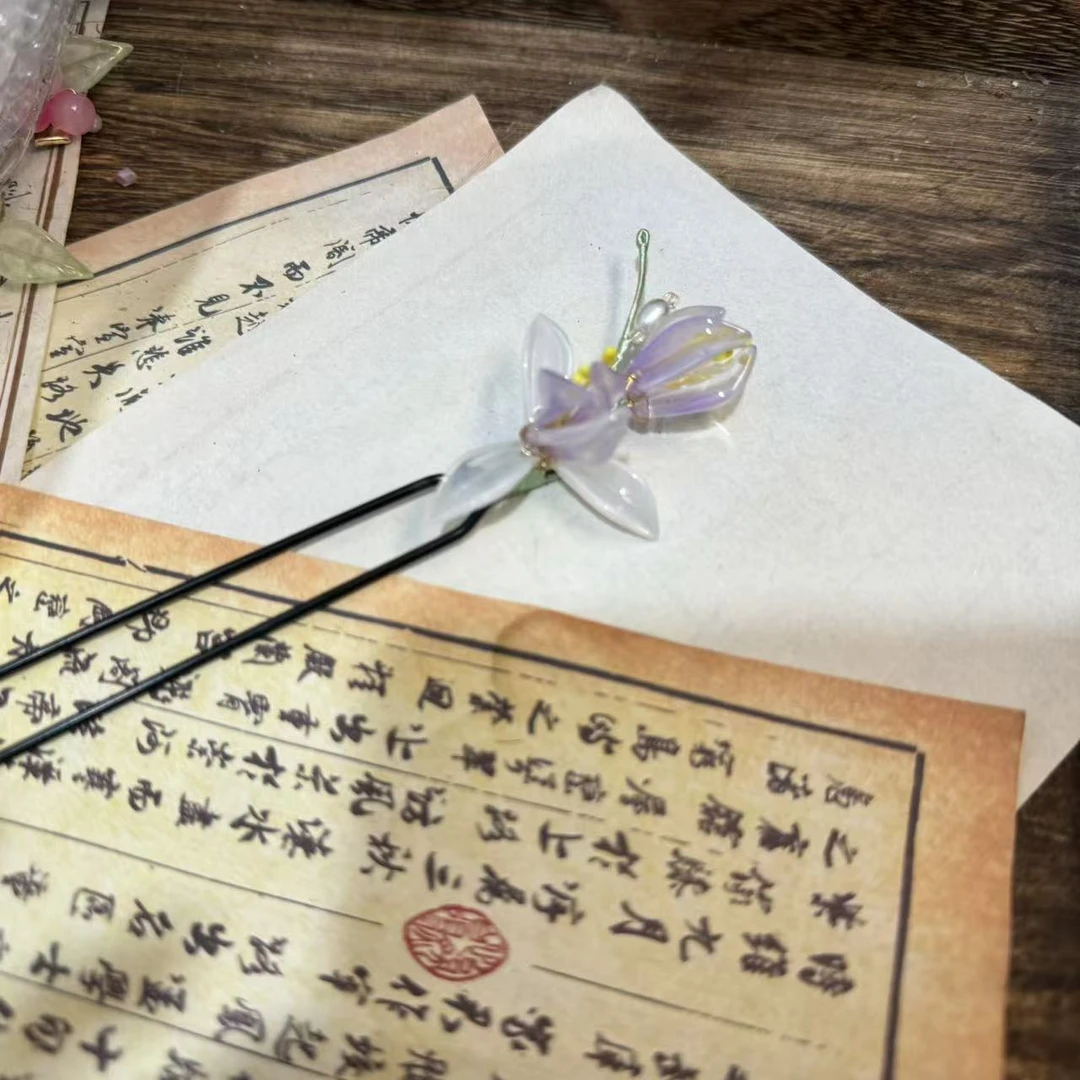 渐变紫风杏子发钗一只。前尘梦古风汉服配饰