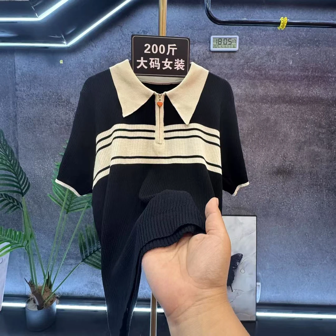 大码短袖常规袖女翻领套头款毛针织衫女装正肩气质拼接拼色