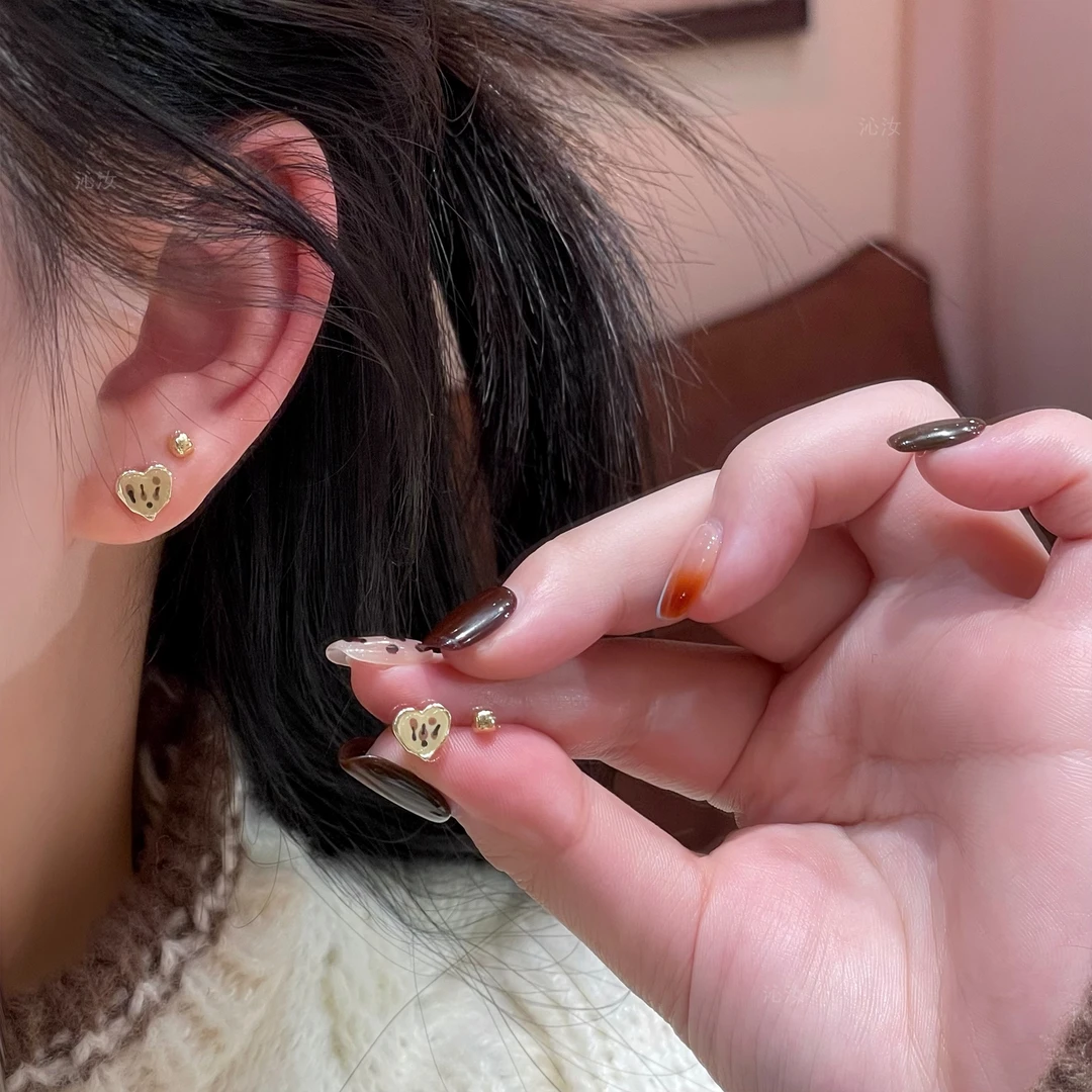 【沁汝饰品】 F712爱心豹纹耳钉四件套轻奢气质时尚