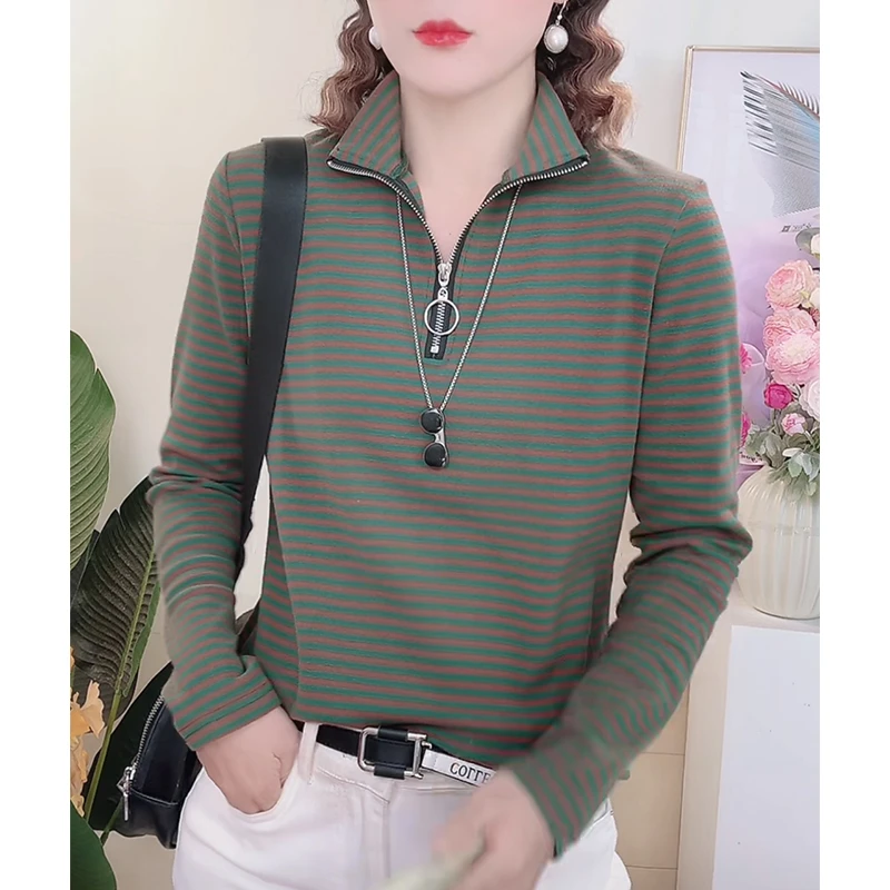秋季条纹长袖半高领上档次打底衫女内搭洋气T恤上衣 251-1224