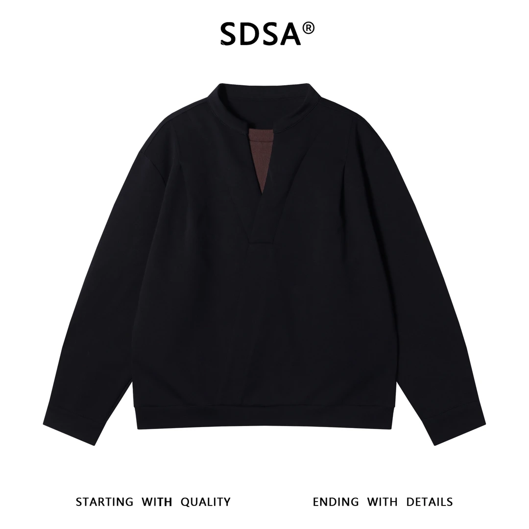 SDSA男士秋冬新款痞帅男装潮牌拼接褶皱假两件圆领卫衣复古上衣