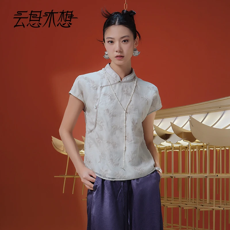 Ysimo-X云思木想 蝶想衣裳 优雅立领刺绣100桑蚕丝衬衫13226