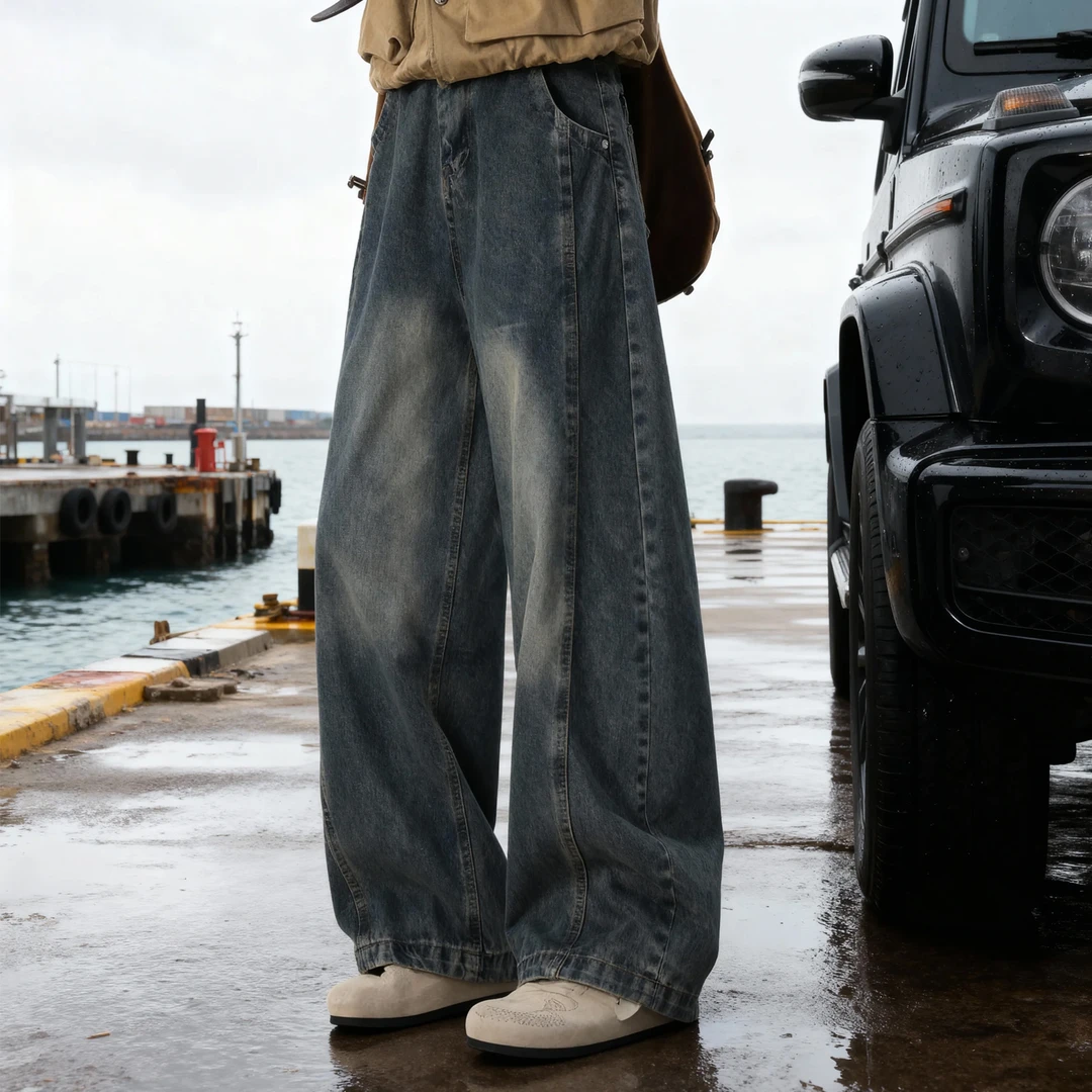 美式复古解构拼接弯刀直筒牛仔裤男秋冬vibe高街水洗宽松阔腿长裤