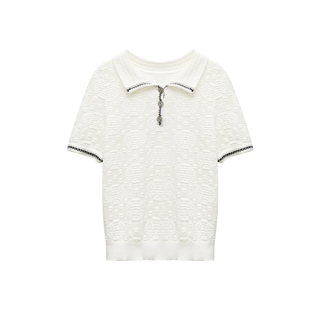 衬衫毛针织衫气质镂空女黑色polo领针织衫设计师短袖OP-55