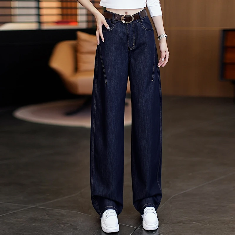 复古丹宁蓝弯刀牛仔裤女秋季新款2025高腰宽松显瘦垂感直筒香蕉裤