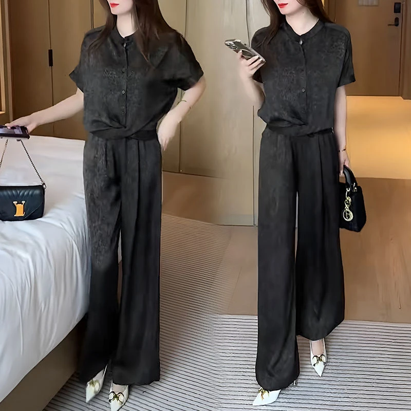 2025夏季新款时尚短袖套装女洋气显瘦设计感上衣阔腿裤休闲两件套