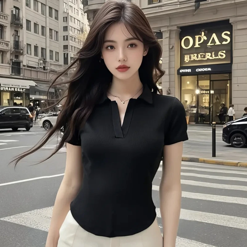 美式复古不规则显瘦黑色翻领上衣女夏季女款设计感短袖t恤V领小衫