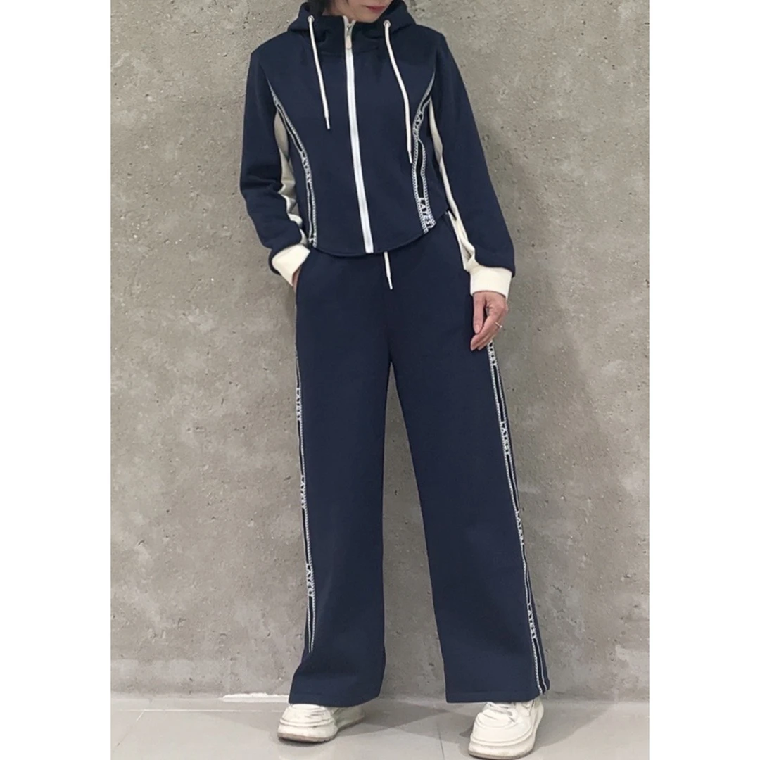 设计感时尚减龄套装拼色条纹收腰外套高腰阔腿裤两件套87229