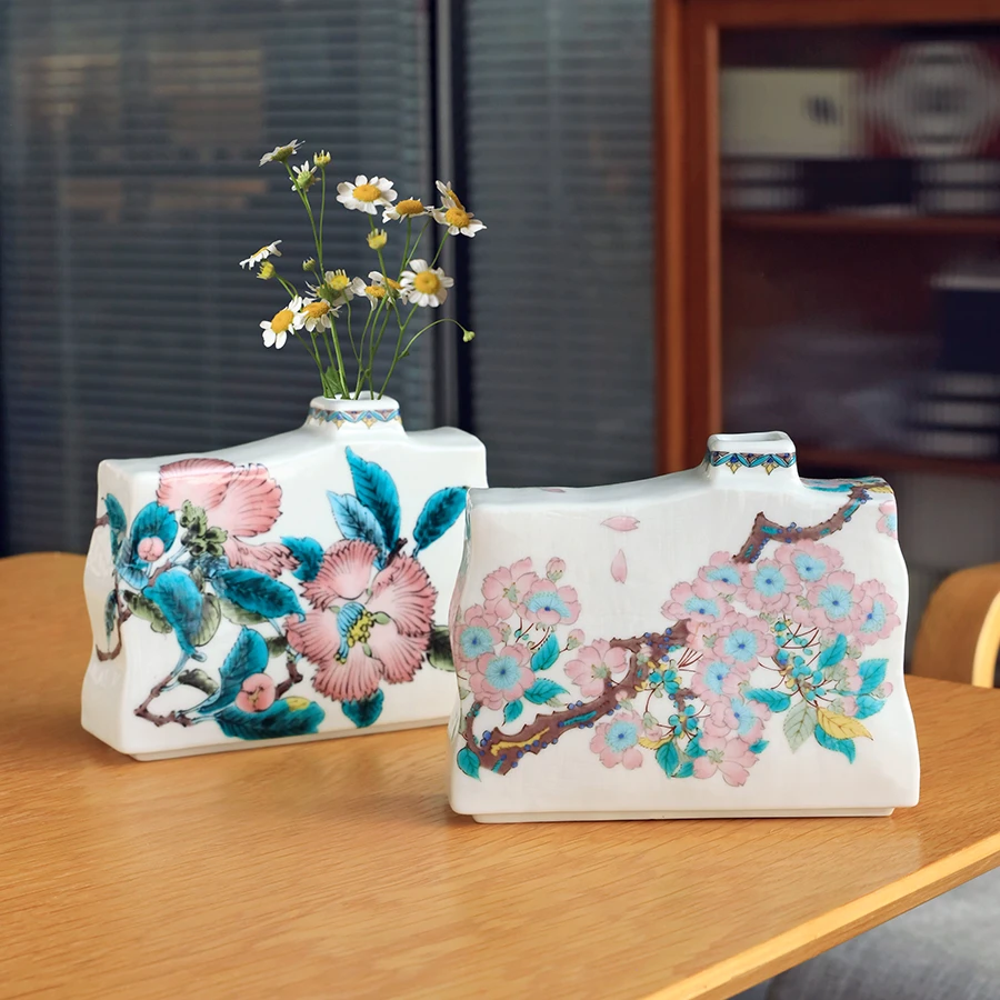 日本进口九谷烧陶瓷花瓶樱花山茶花禅意桌面小花瓶摆件装饰A206