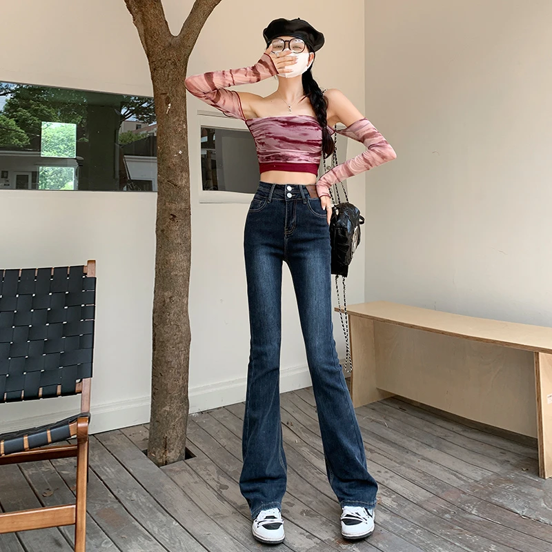 春秋新款百搭弹力高腰皮牌弹力喇叭裤长裤微喇裤加长小个子穿搭