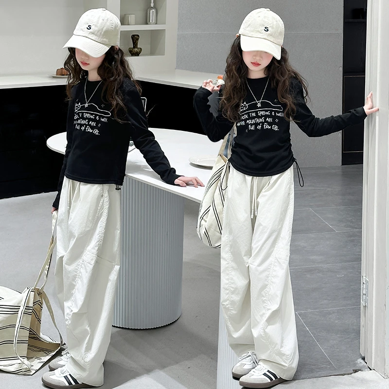女童春装2025款中大童字母收腰抽绳T恤打底衫弯刀裤休闲两件套装