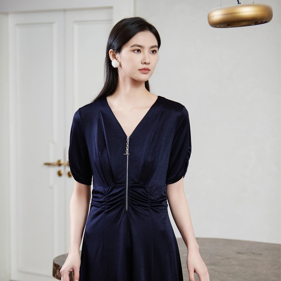 【籽言专属】M534204056曼德诗V领醋酸连衣裙纯色短袖收腰长裙