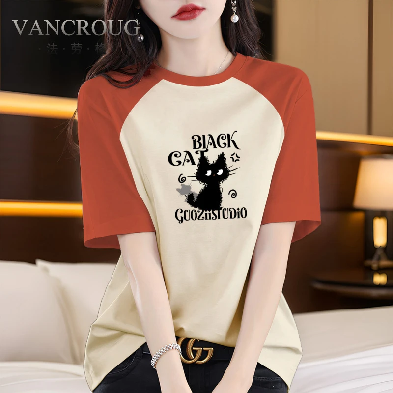 法劳格高档棉拼接款圆领短袖t恤女2025年夏季时老钱风松弛感女