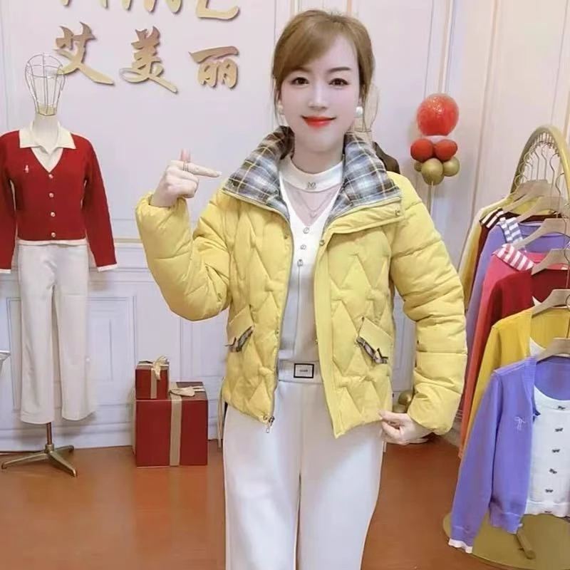 时尚棉服短外套女2025冬季新款洋气显瘦减龄保暖棉衣格子拼接棉袄