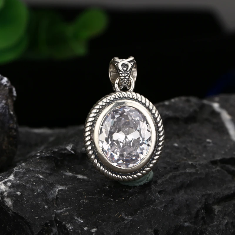 吊坠925银 气质做旧百搭蛋面白钻吊坠 百搭项链流行挂坠