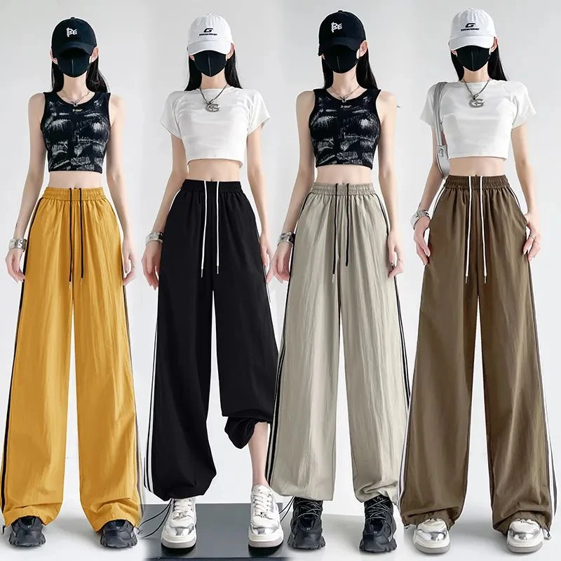 美式街头侧边条纹工装裤女夏季街舞嘻哈hiphop直筒宽松阔腿运动裤