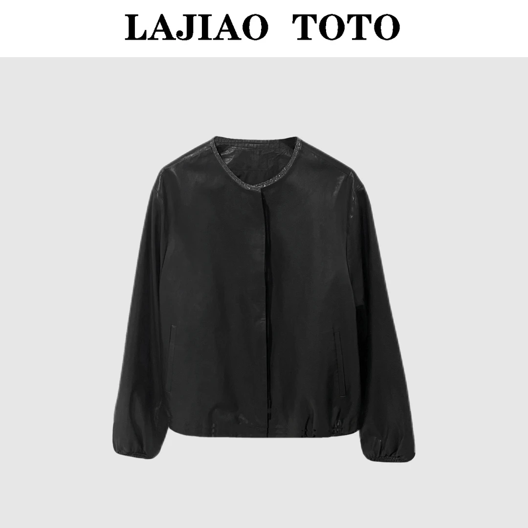 辣椒姐【春风十里】气质圆领中长时尚休闲真皮皮衣外套#82206