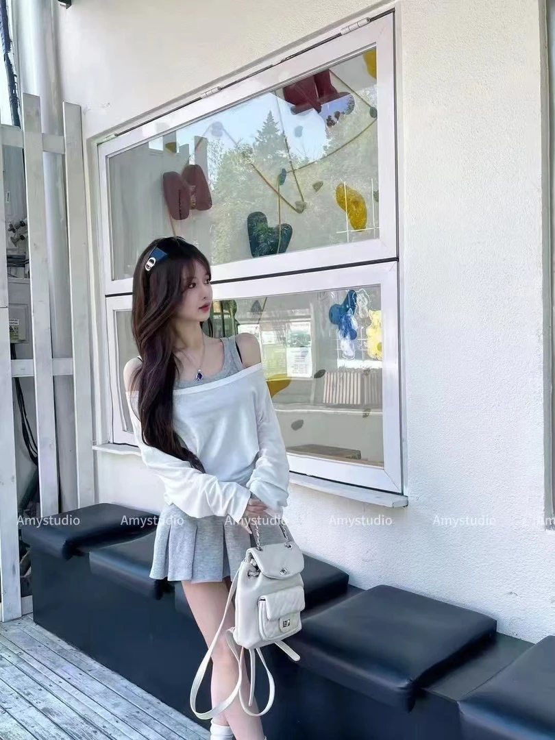 2025年春季新款长袖防晒心机背心高腰百褶裙韩味修身三件套潮韩味