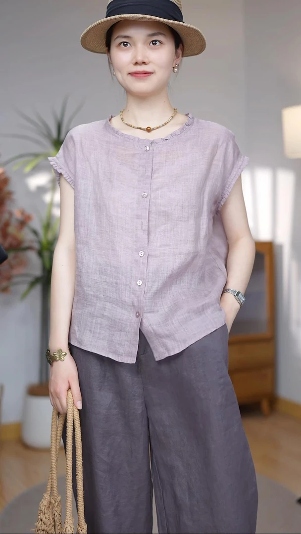 [100%苎麻]木耳INS风短款纯色拼接夏季衬衫大码显瘦衬衣百搭文艺