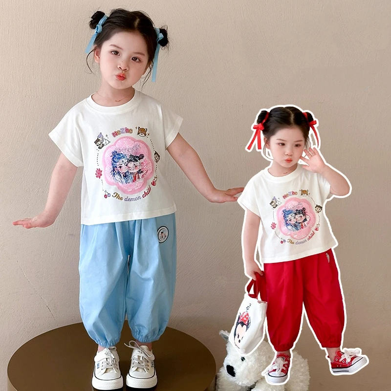 女童哪吒亮片套装2025新款儿童夏装国潮洋气女宝宝夏季短袖两件套