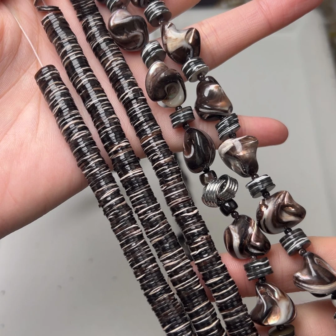 玛瑙/玉髓合金珠宝半成品L681。8mm天然黑金贝隔片一条