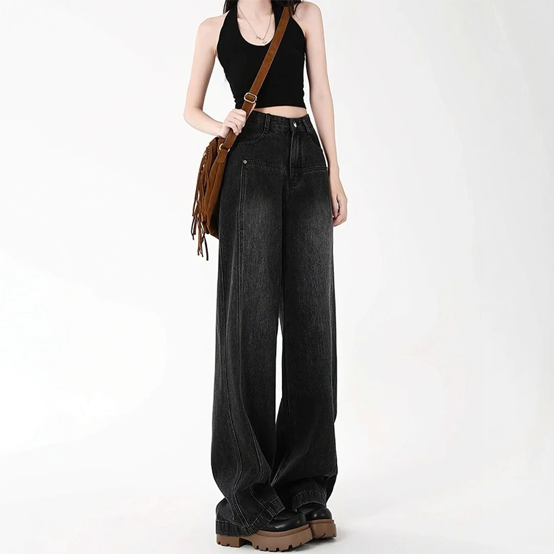 黑灰色阔腿牛仔裤女直筒秋冬加绒宽松2025新款设计感小众拖地裤子