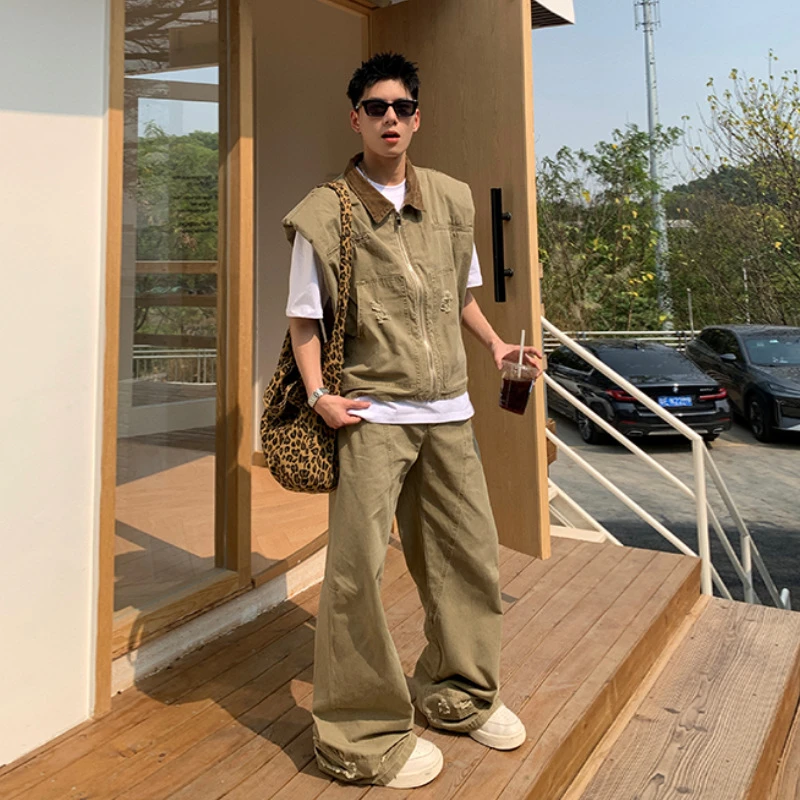 美式潮牌复古牛仔夹克男生夏季新款廓形设计坎肩马甲宽松裤子