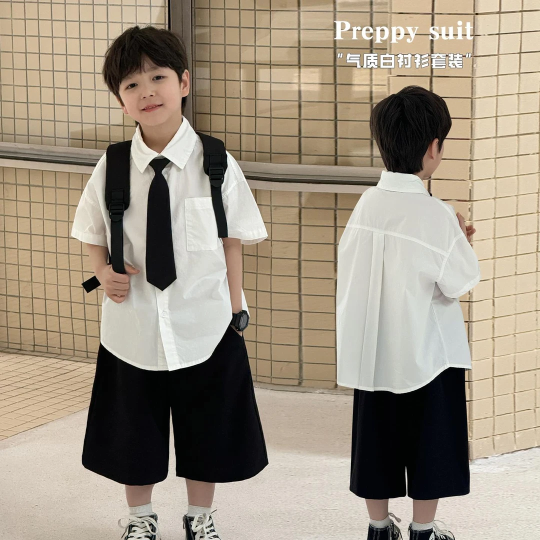 FAVMARTHA男童夏装套装儿童白衬衫短袖两件套夏季韩版男孩学院风