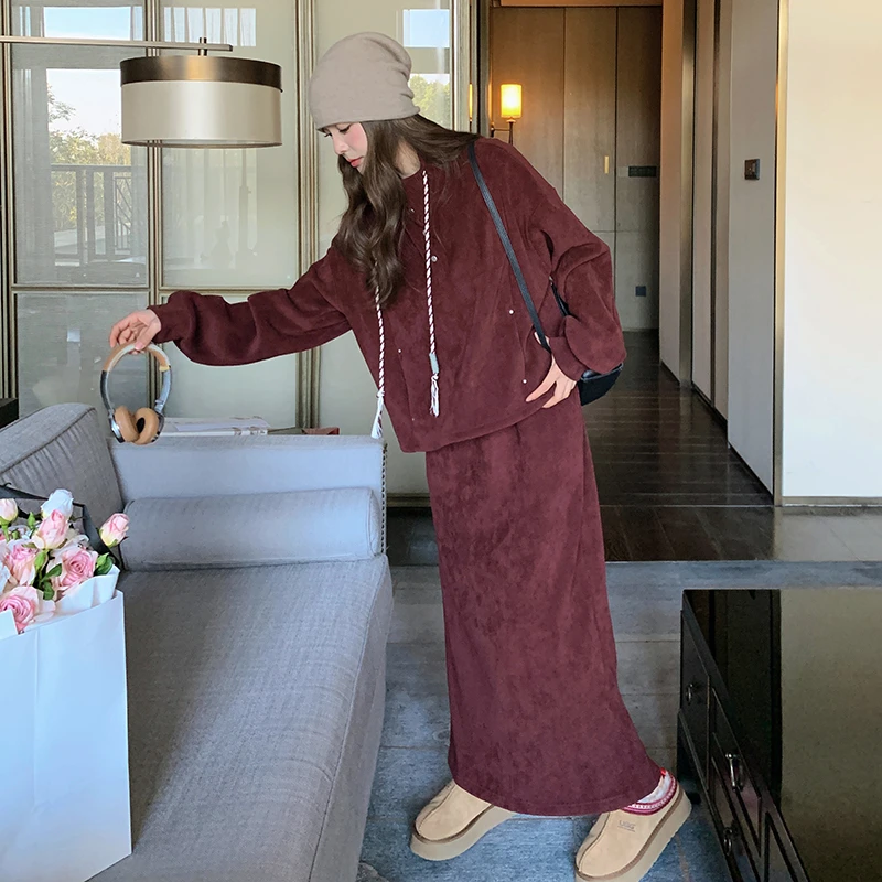 韩系穿搭一整套女秋冬新款超好看设计感连帽加绒卫衣半身裙两件套