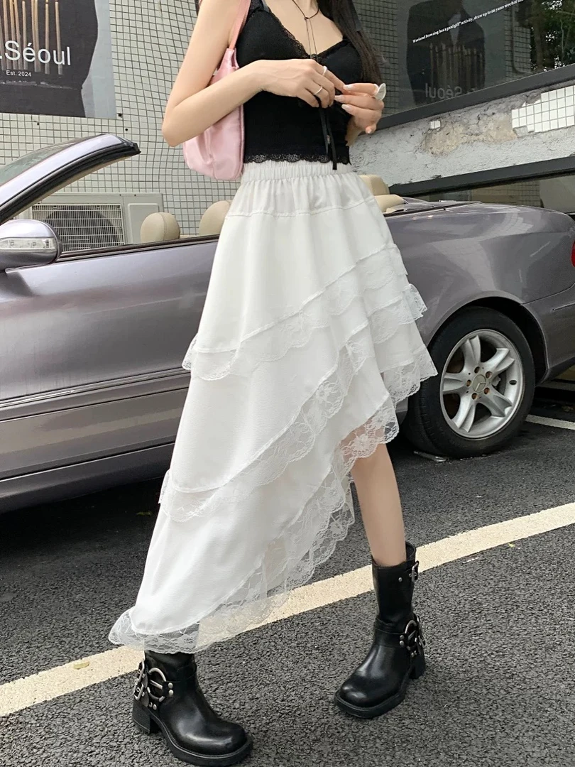 【秀宝女装】设计感不规则蕾丝边蛋糕裙A字半身裙XB4779