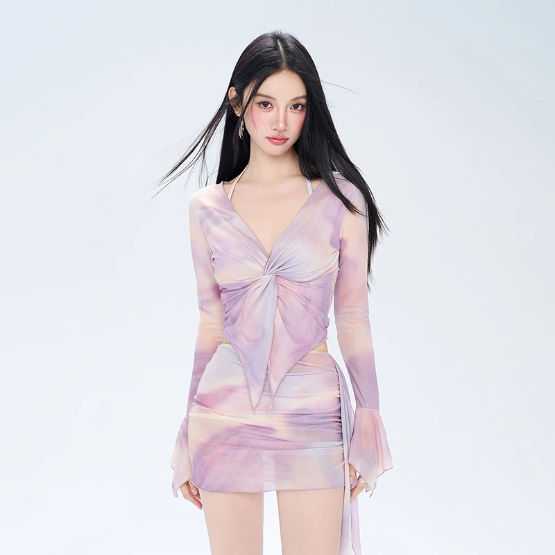 美亦舒【炫彩紫】比基尼保守分体高级性感泡温泉泳衣女款微胖新款