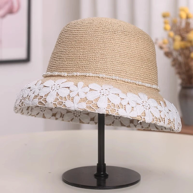 法式复古蕾丝珍珠拉菲草盆帽女夏季大檐防晒渔夫帽赫本风遮阳草帽